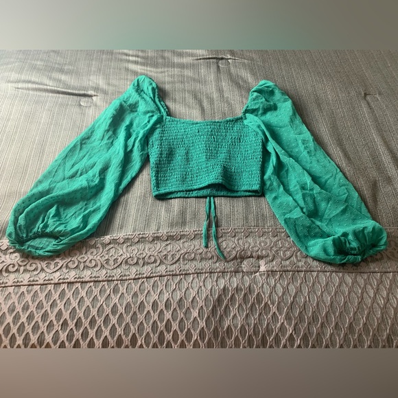 BOG Collective Green Textured Puff Sleeve Blouse Extra Small - Picture 2 of 9